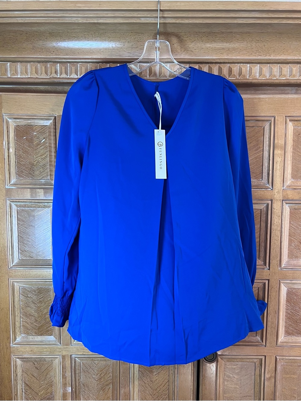 Funlingo Women’s Royal Blue V-Neck Blouse Size Medium NWT Long Sleeve Tunic Top